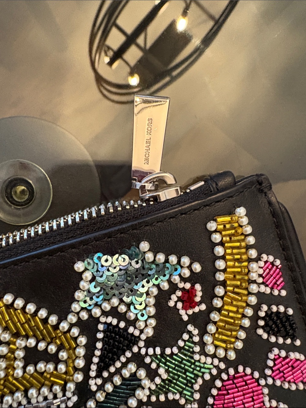 Michael Kors Black Beaded Graphic Zip Clutch with Multicolor Accents - Picture 4 of 7
